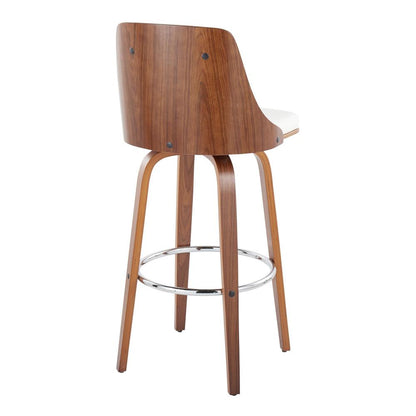 Walnut Wood, Chrome Metal, White PU Gianna Fixed-Height Barstool - Set of 2