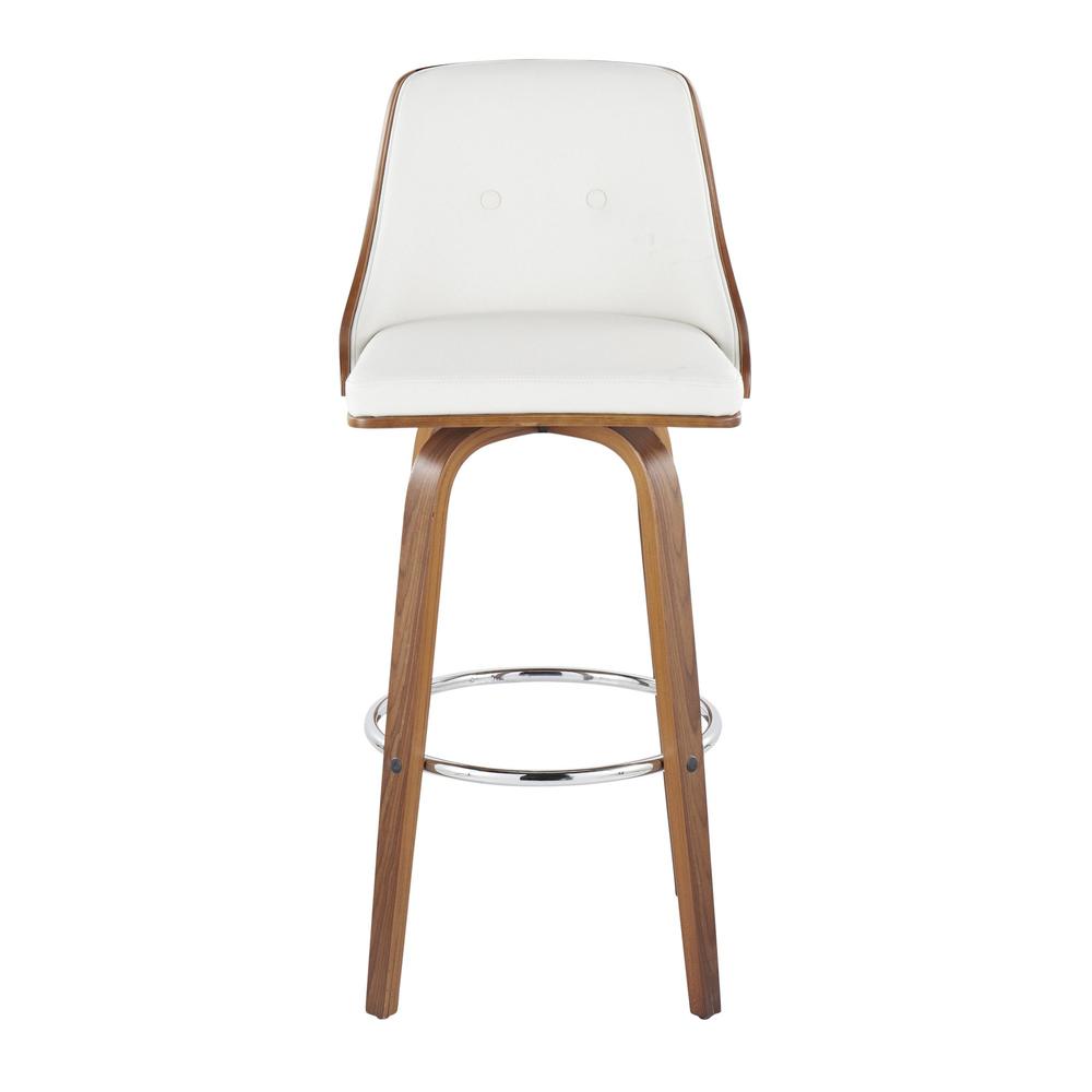 Walnut Wood, Chrome Metal, White PU Gianna Fixed-Height Barstool - Set of 2
