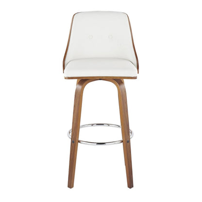 Walnut Wood, Chrome Metal, White PU Gianna Fixed-Height Barstool - Set of 2