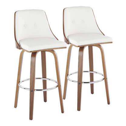 Walnut Wood, Chrome Metal, White PU Gianna Fixed-Height Barstool - Set of 2