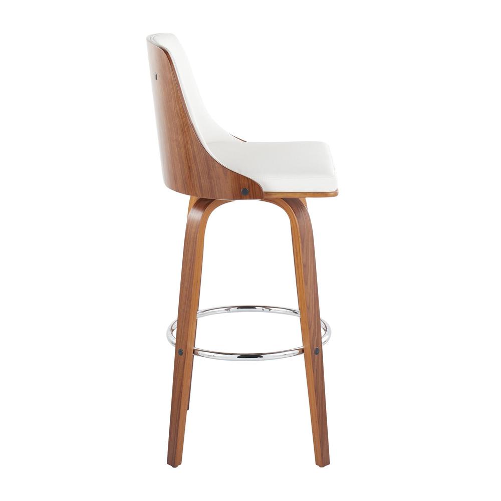 Walnut Wood, Chrome Metal, White PU Gianna Fixed-Height Barstool - Set of 2