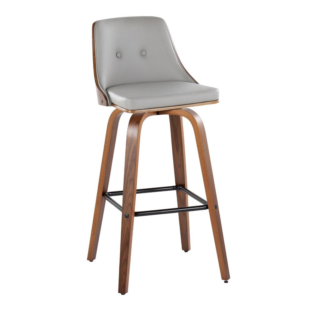 Walnut Wood, Light Grey PU, Black Metal Gianna Fixed-Height Barstool - Set of 2