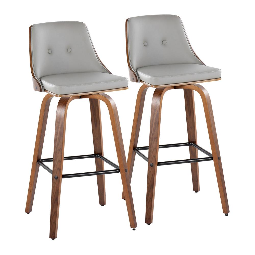 Walnut Wood, Light Grey PU, Black Metal Gianna Fixed-Height Barstool - Set of 2