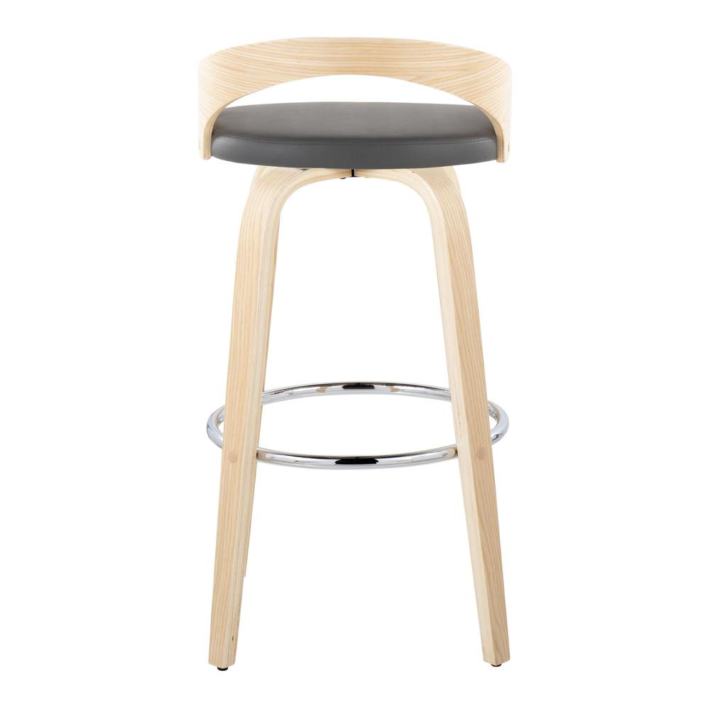 Natural Wood, Grey PU, Chrome Metal Grotto 30" Fixed-Height Barstool - Set of 2