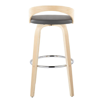 Natural Wood, Grey PU, Chrome Metal Grotto 30" Fixed-Height Barstool - Set of 2
