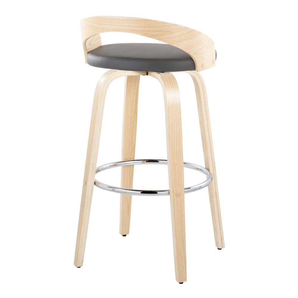 Natural Wood, Grey PU, Chrome Metal Grotto 30" Fixed-Height Barstool - Set of 2