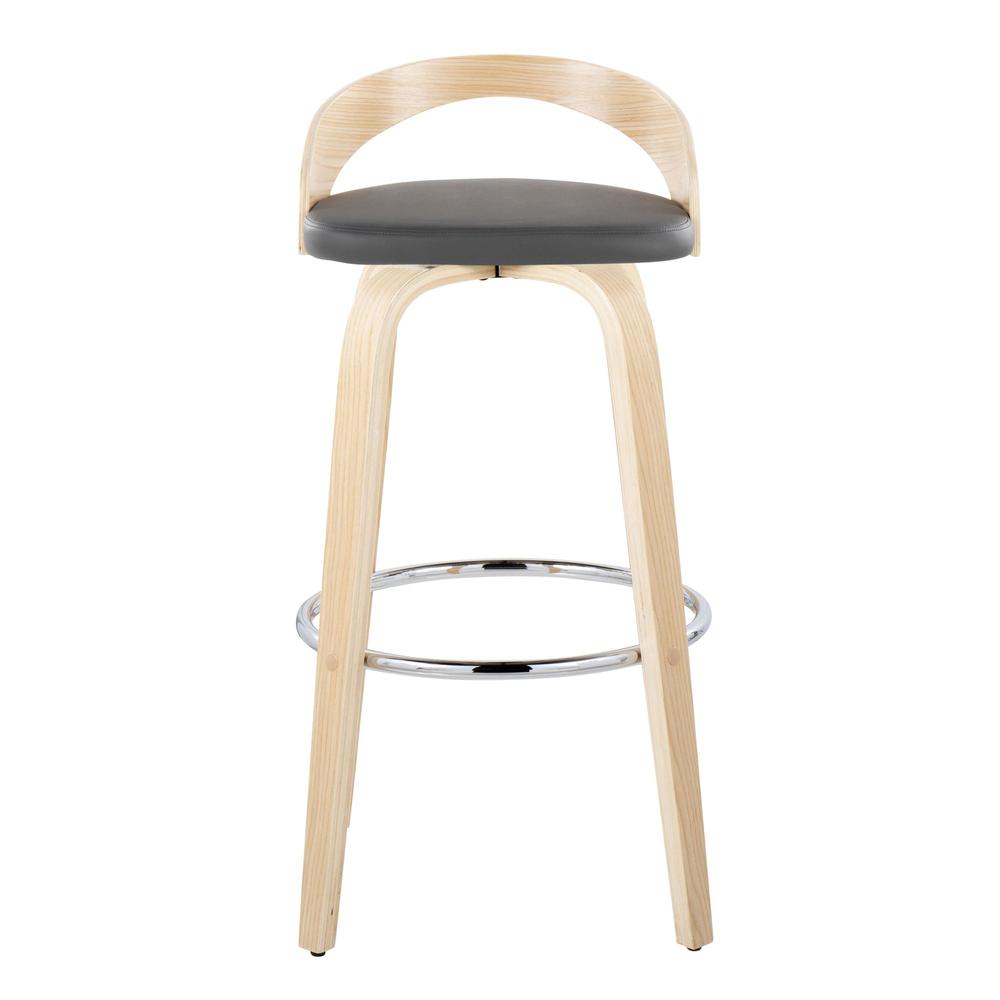Natural Wood, Grey PU, Chrome Metal Grotto 30" Fixed-Height Barstool - Set of 2