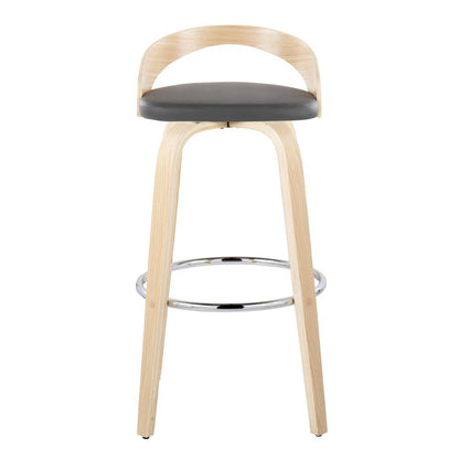 Natural Wood, Grey PU, Chrome Metal Grotto 30" Fixed-Height Barstool - Set of 2