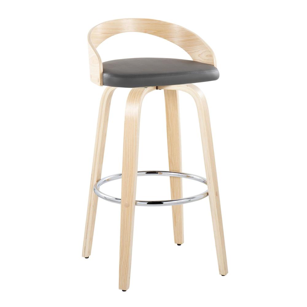 Natural Wood, Grey PU, Chrome Metal Grotto 30" Fixed-Height Barstool - Set of 2