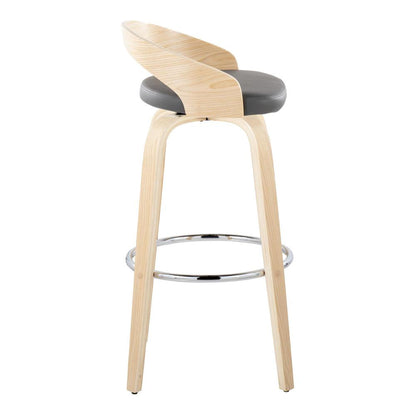 Natural Wood, Grey PU, Chrome Metal Grotto 30" Fixed-Height Barstool - Set of 2