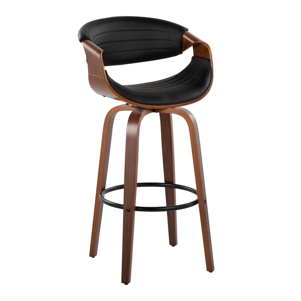 Black Metal, Walnut Wood, Black PU Symphony 30" Fixed-Height Barstool - Set of 2