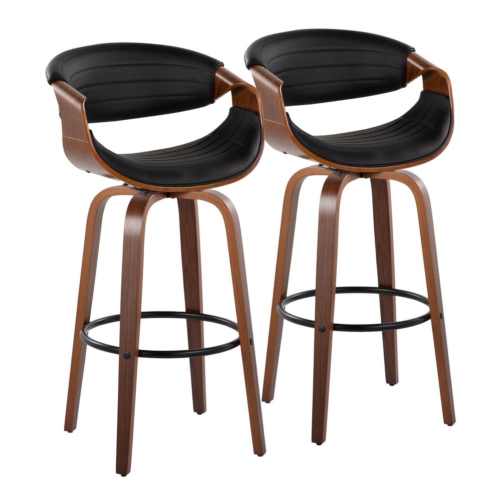 Black Metal, Walnut Wood, Black PU Symphony 30" Fixed-Height Barstool - Set of 2