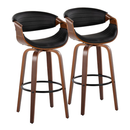Black Metal, Walnut Wood, Black PU Symphony 30" Fixed-Height Barstool - Set of 2