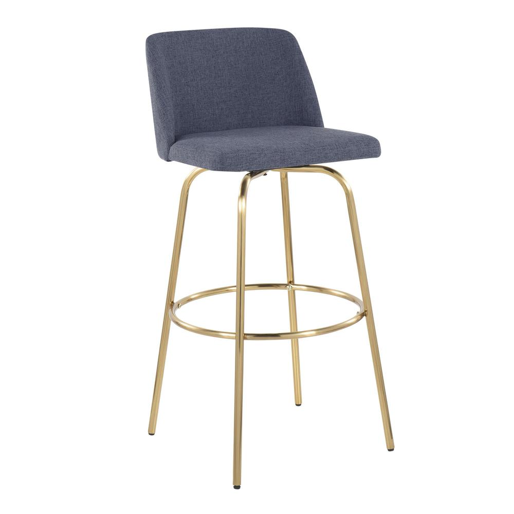 Blue Fabric, Gold Metal Toriano 30" Fixed-Height Barstool - Set of 2