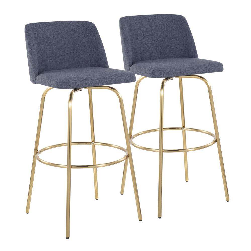 Blue Fabric, Gold Metal Toriano 30" Fixed-Height Barstool - Set of 2