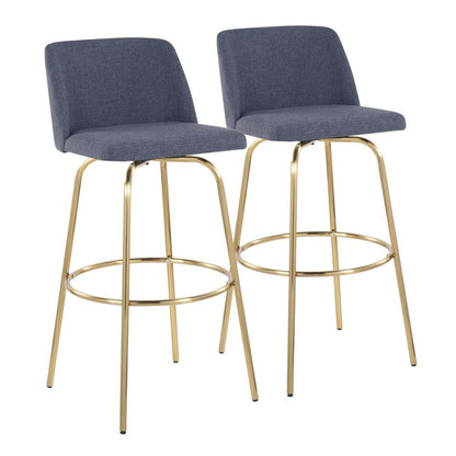 Blue Fabric, Gold Metal Toriano 30" Fixed-Height Barstool - Set of 2