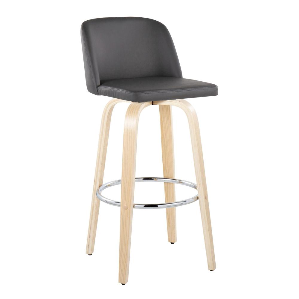 Natural Wood, Grey PU, Chrome Metal Toriano 30" Fixed-Height Barstool - Set of 2