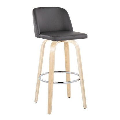 Natural Wood, Grey PU, Chrome Metal Toriano 30" Fixed-Height Barstool - Set of 2
