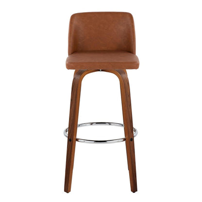 Walnut Wood, Camel PU, Chrome Metal Toriano 30" Fixed-Height Barstool - Set of 2