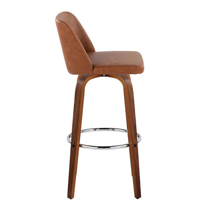 Walnut Wood, Camel PU, Chrome Metal Toriano 30" Fixed-Height Barstool - Set of 2