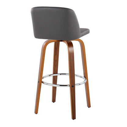 Walnut Wood, Grey PU, Chrome Metal Toriano 30" Fixed-Height Barstool - Set of 2