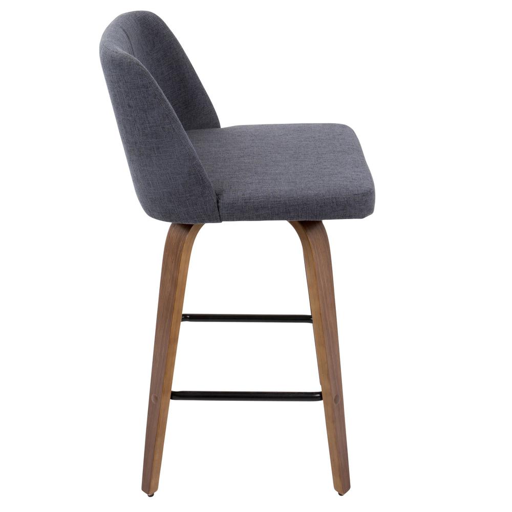 Toriano Mid-Century Modern Counter Stool in Walnut and Blue Fabric - Set of 2