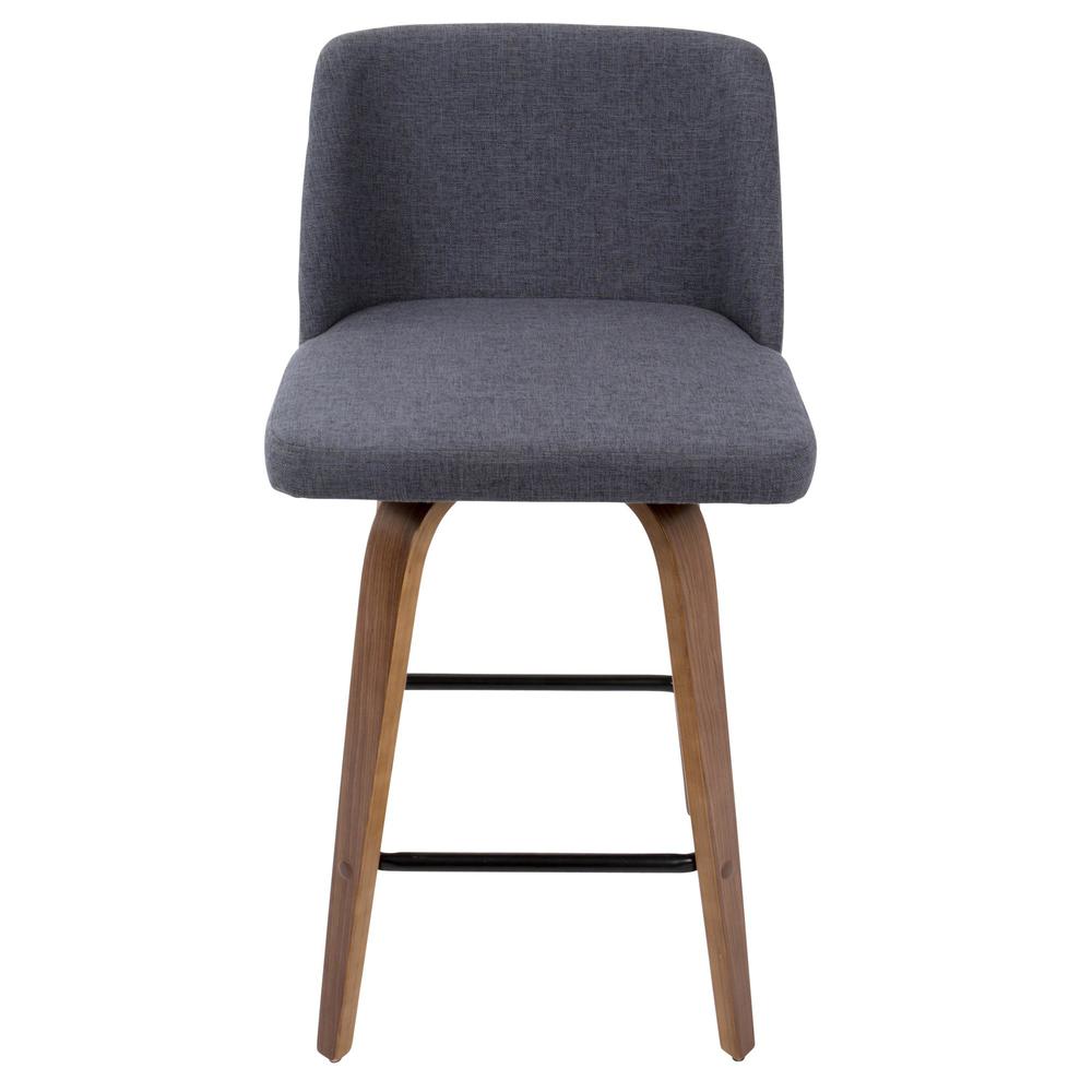 Toriano Mid-Century Modern Counter Stool in Walnut and Blue Fabric - Set of 2