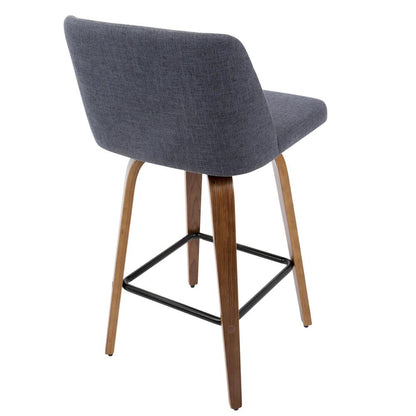 Toriano Mid-Century Modern Counter Stool in Walnut and Blue Fabric - Set of 2