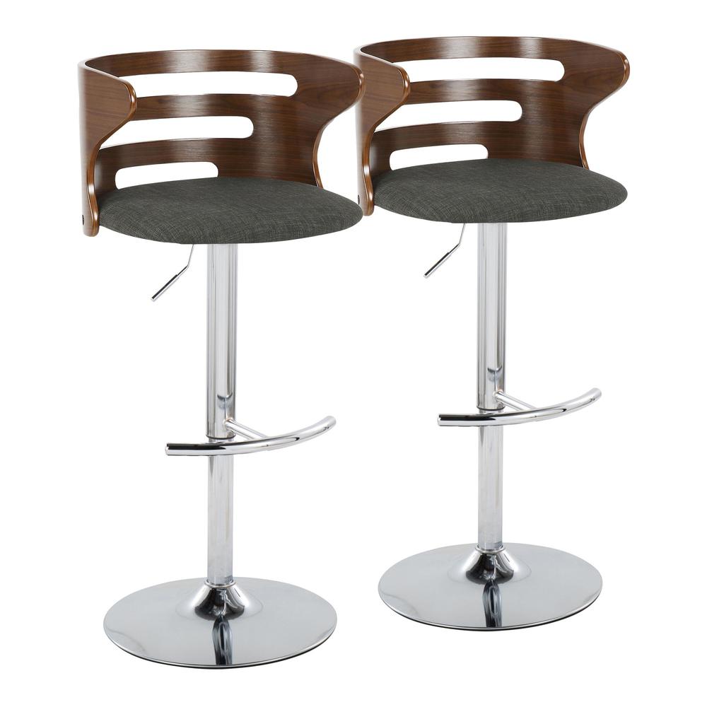 Chrome, Walnut Wood, Charcoal Fabric Cosi Adjustable Barstool - Set of 2