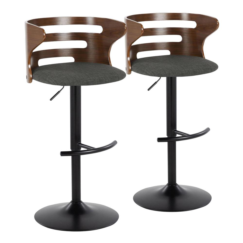 Black Metal, Walnut Wood, Charcoal Fabric Cosi Adjustable Barstool - Set of 2