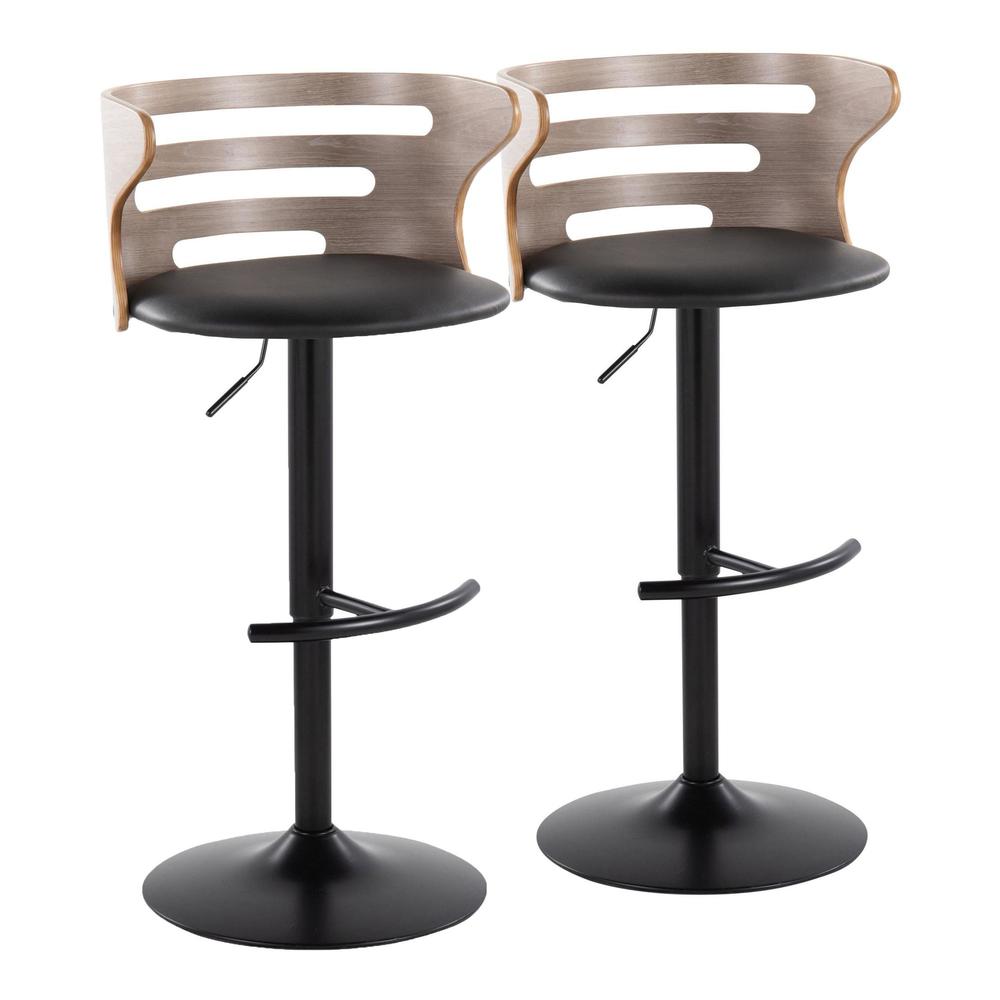 Black Metal, Light Grey Wood, Black PU Cosi Adjustable Barstool - Set of 2