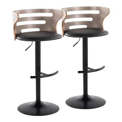 Black Metal, Light Grey Wood, Black PU Cosi Adjustable Barstool - Set of 2