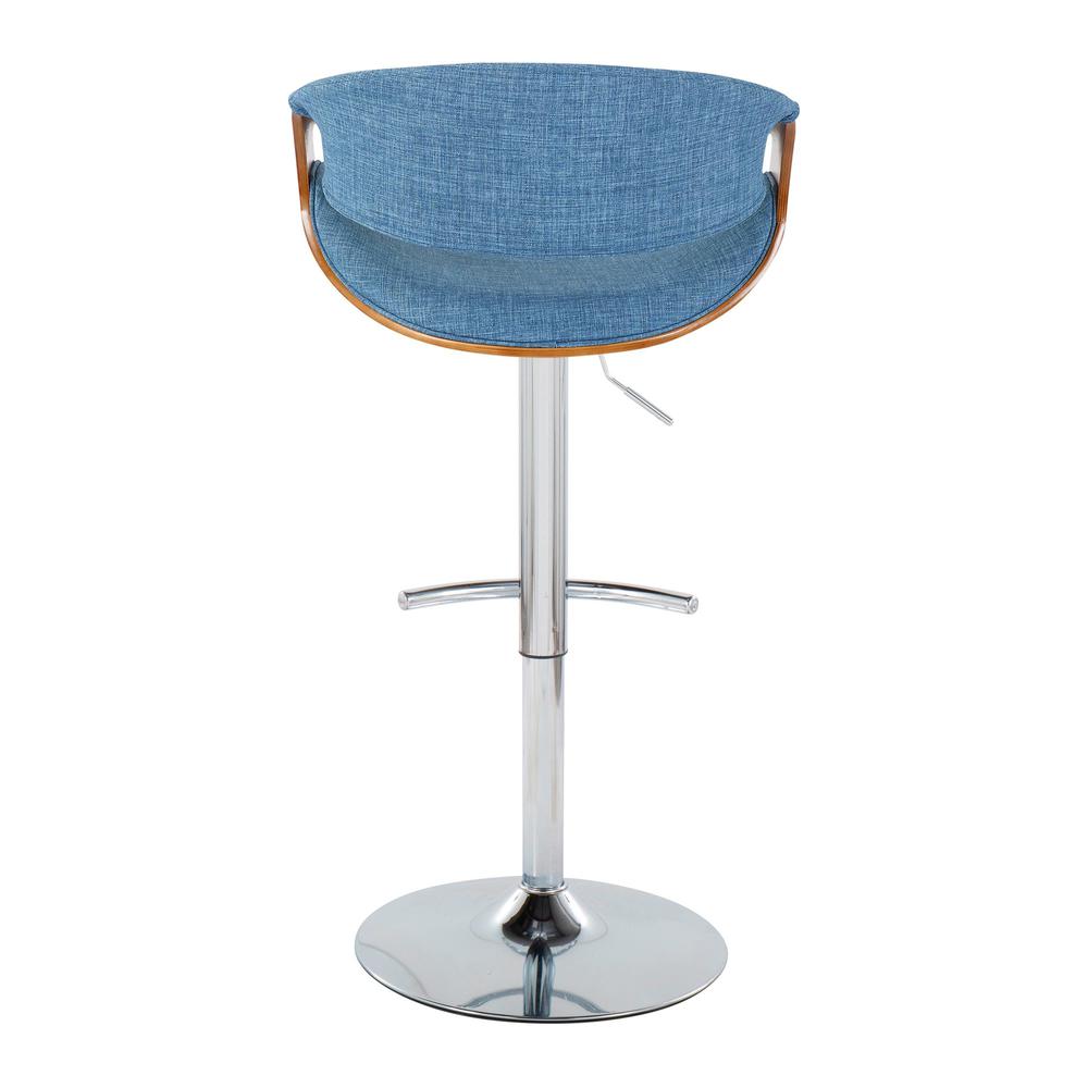Walnut Wood, Blue Fabric, Chrome Metal Curvo Adjustable Barstool - Set of 2