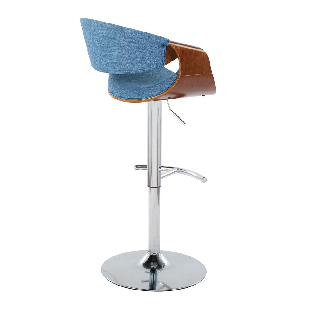 Walnut Wood, Blue Fabric, Chrome Metal Curvo Adjustable Barstool - Set of 2