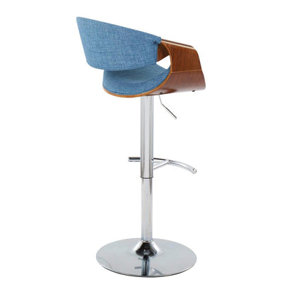 Walnut Wood, Blue Fabric, Chrome Metal Curvo Adjustable Barstool - Set of 2