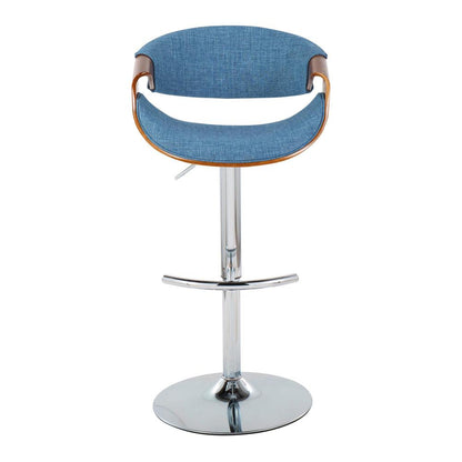 Walnut Wood, Blue Fabric, Chrome Metal Curvo Adjustable Barstool - Set of 2