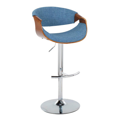 Walnut Wood, Blue Fabric, Chrome Metal Curvo Adjustable Barstool - Set of 2