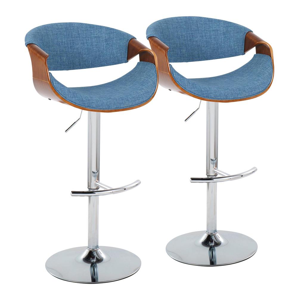 Walnut Wood, Blue Fabric, Chrome Metal Curvo Adjustable Barstool - Set of 2