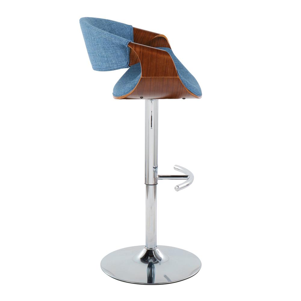 Walnut Wood, Blue Fabric, Chrome Metal Curvo Adjustable Barstool - Set of 2