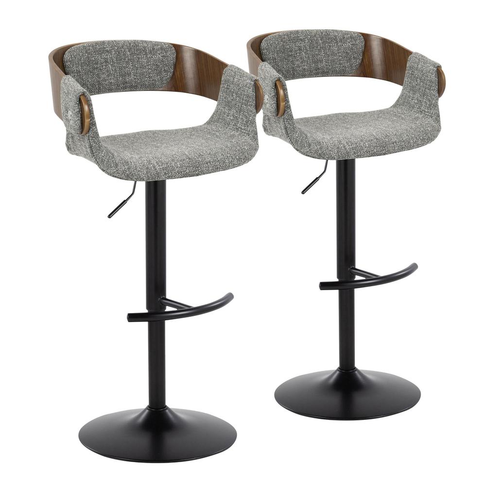 Black Metal, Walnut Wood, Grey Fabric Elisa Adjustable Barstool - Set of 2