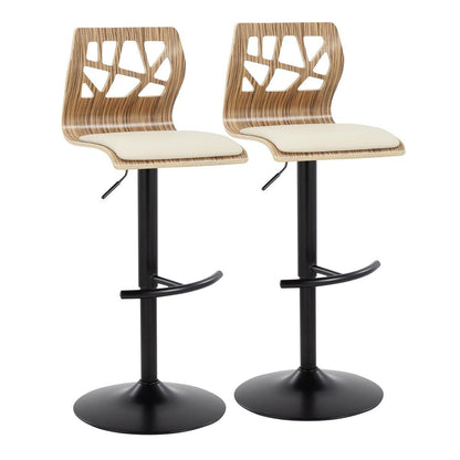 Black Metal, Zebra Wood, Cream PU Folia Adjustable Barstool - Set of 2