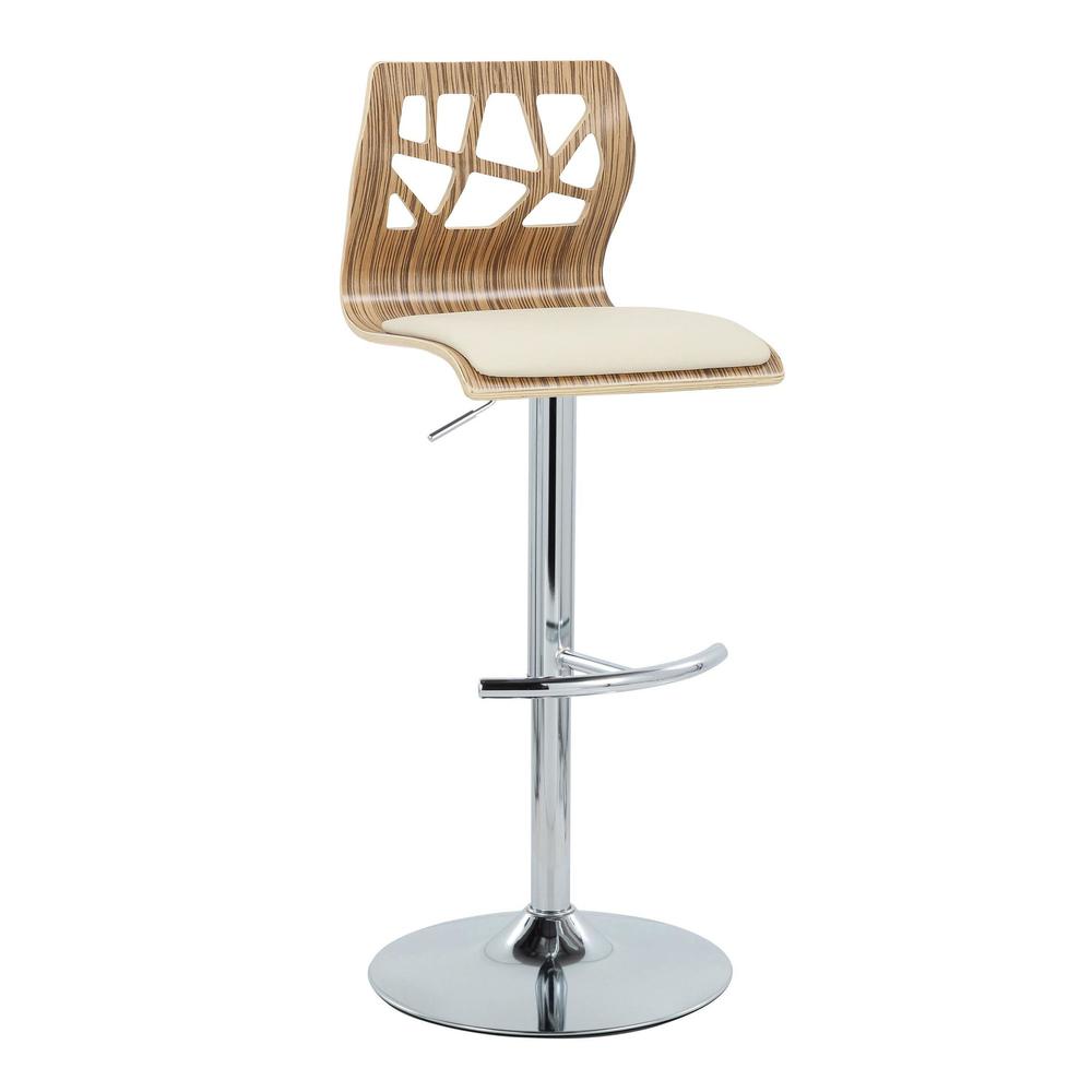 Chrome Metal, Zebra Wood, Cream PU Folia Adjustable Barstool - Set of 2