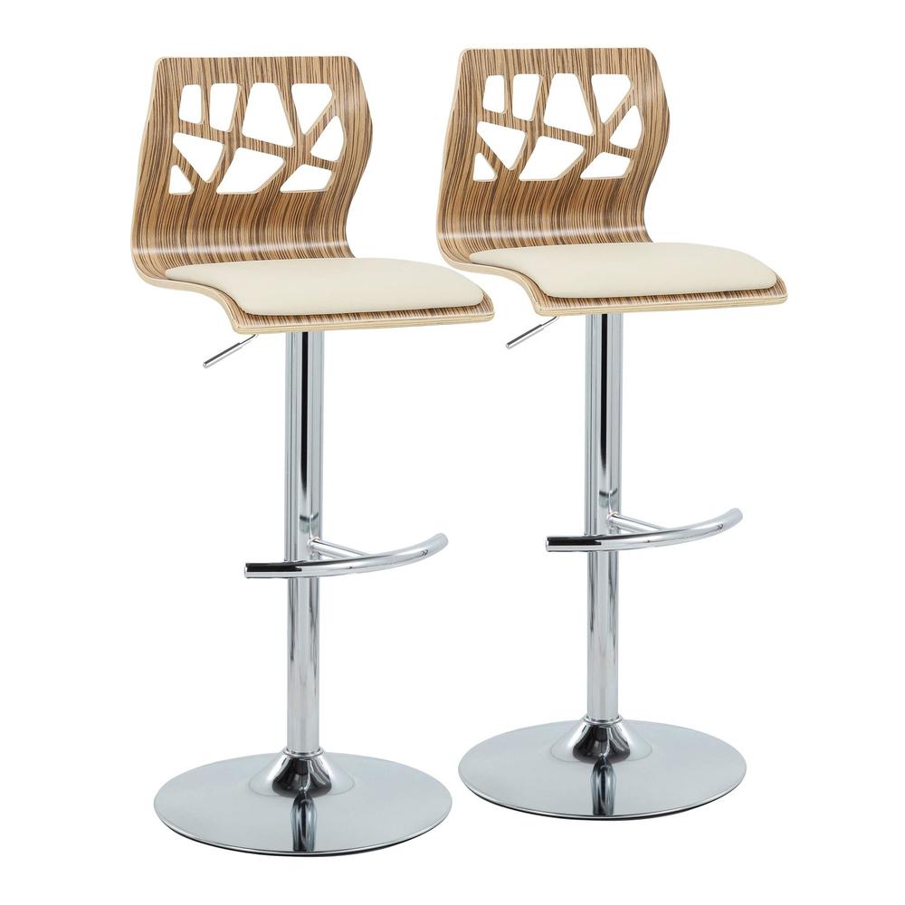 Chrome Metal, Zebra Wood, Cream PU Folia Adjustable Barstool - Set of 2