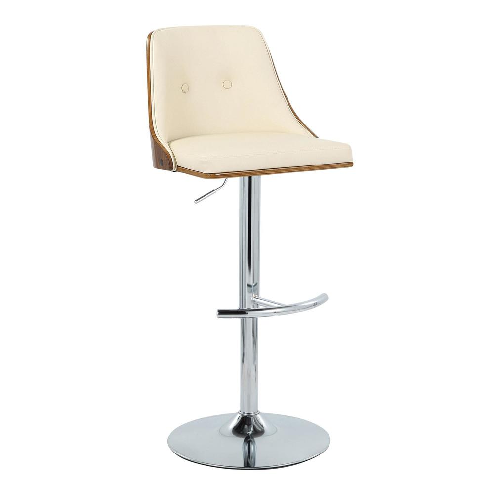 Chrome Metal, Walnut Wood, Cream PU Gianna Adjustable Barstool - Set of 2