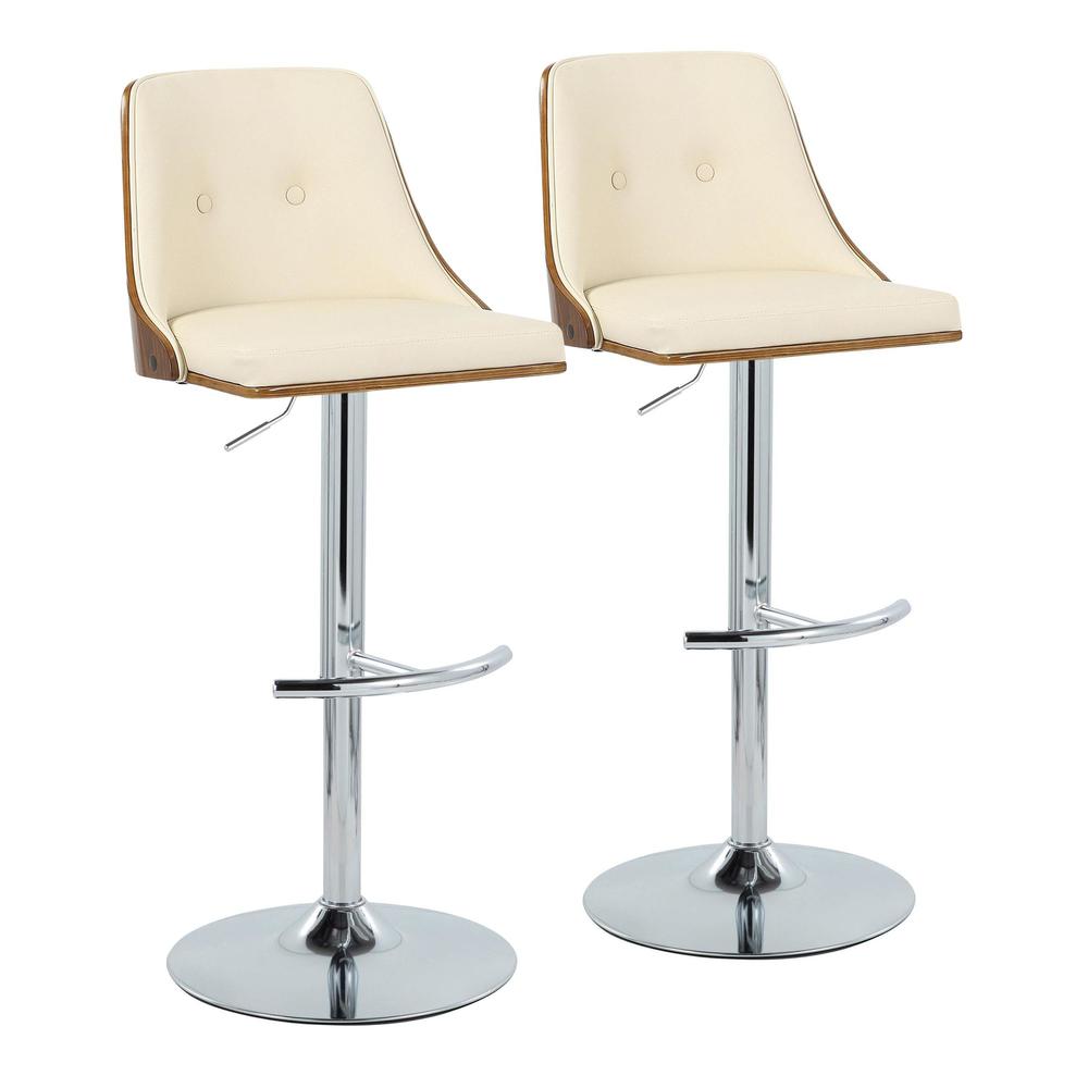 Chrome Metal, Walnut Wood, Cream PU Gianna Adjustable Barstool - Set of 2
