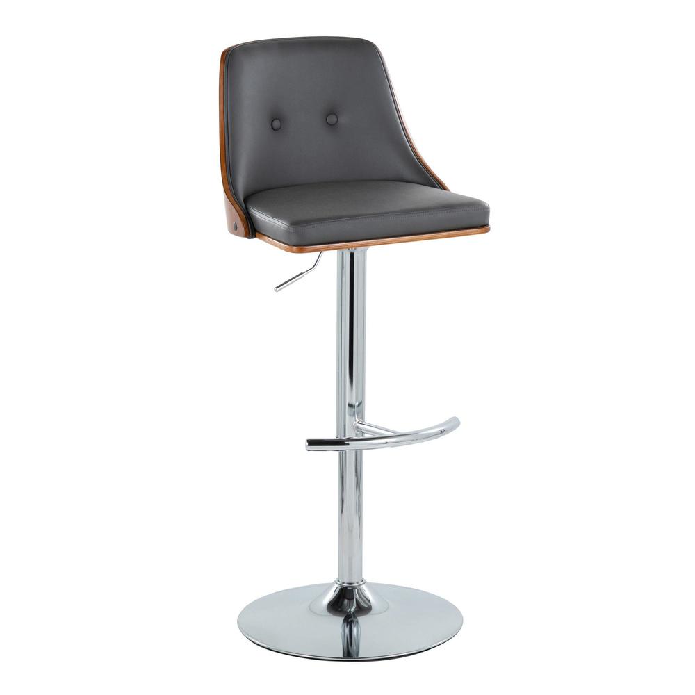 Chrome Metal, Walnut Wood, Grey PU Gianna Adjustable Barstool - Set of 2