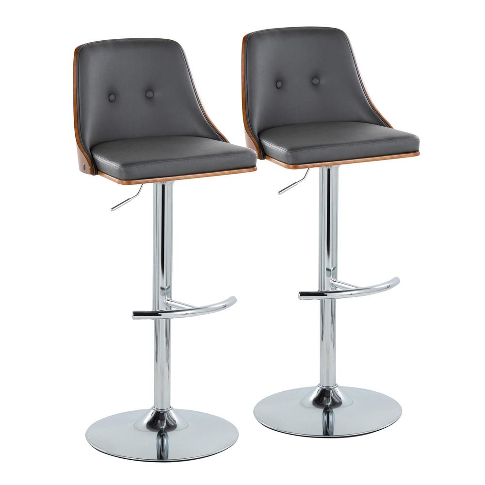 Chrome Metal, Walnut Wood, Grey PU Gianna Adjustable Barstool - Set of 2
