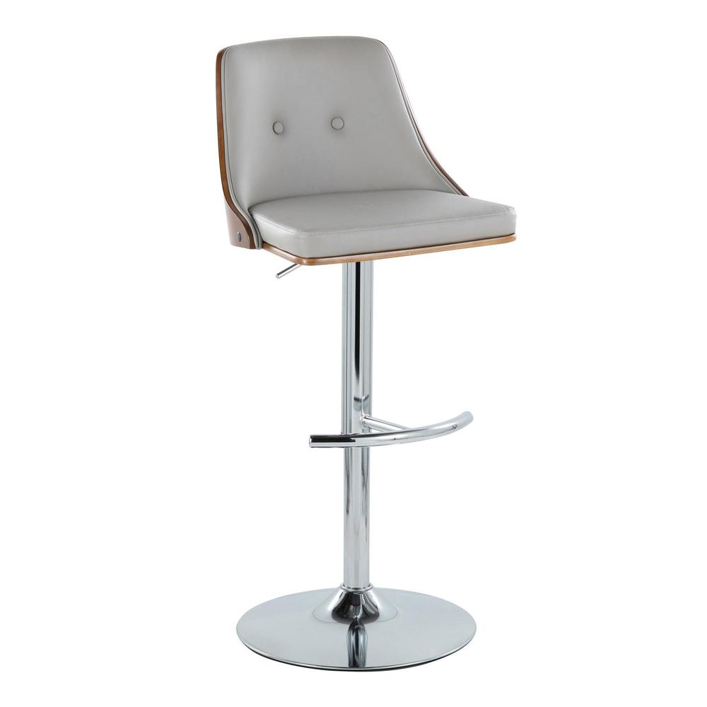 Chrome Metal, Walnut Wood, Light Grey PU Gianna Adjustable Barstool - Set of 2