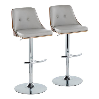Chrome Metal, Walnut Wood, Light Grey PU Gianna Adjustable Barstool - Set of 2