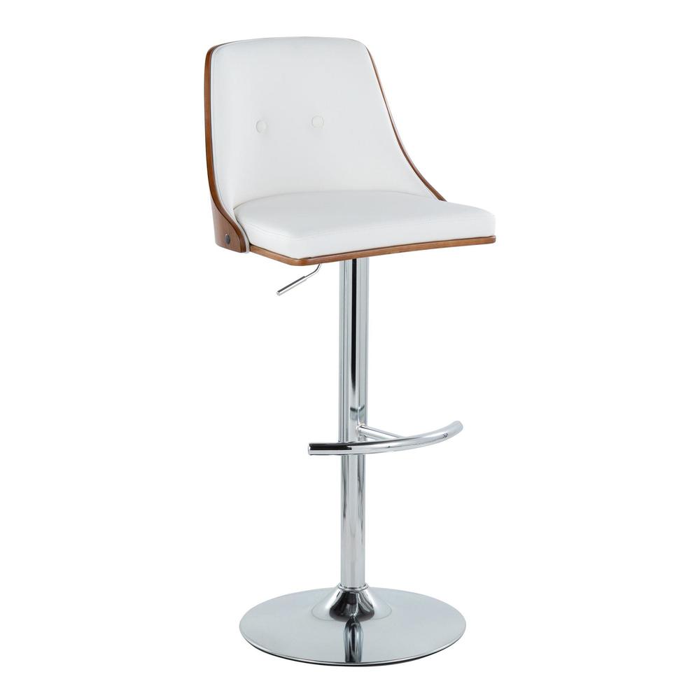 Chrome Metal, Walnut Wood, White PU Gianna Adjustable Barstool - Set of 2